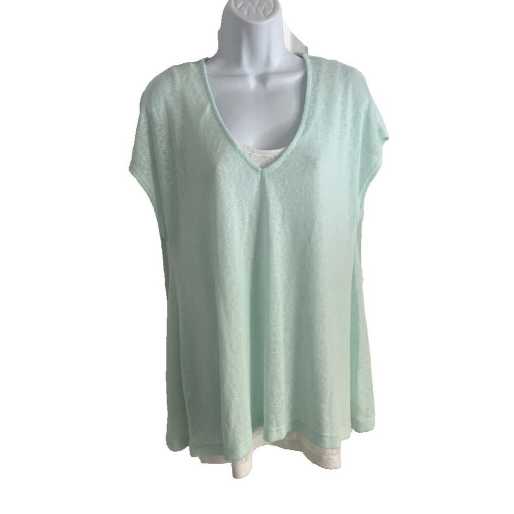 Jones New York Women's Short Sleeve Layered Popover Top Size M Green/Ivory NWT